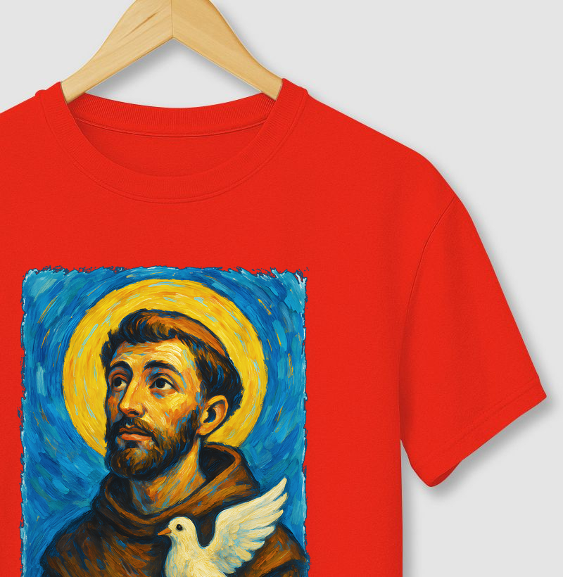 Camiseta católica São Francisco com pomba branca