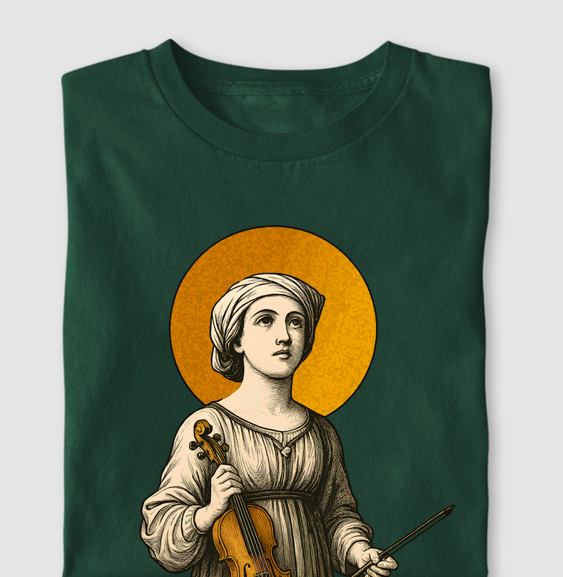 Camiseta católica santa com violino